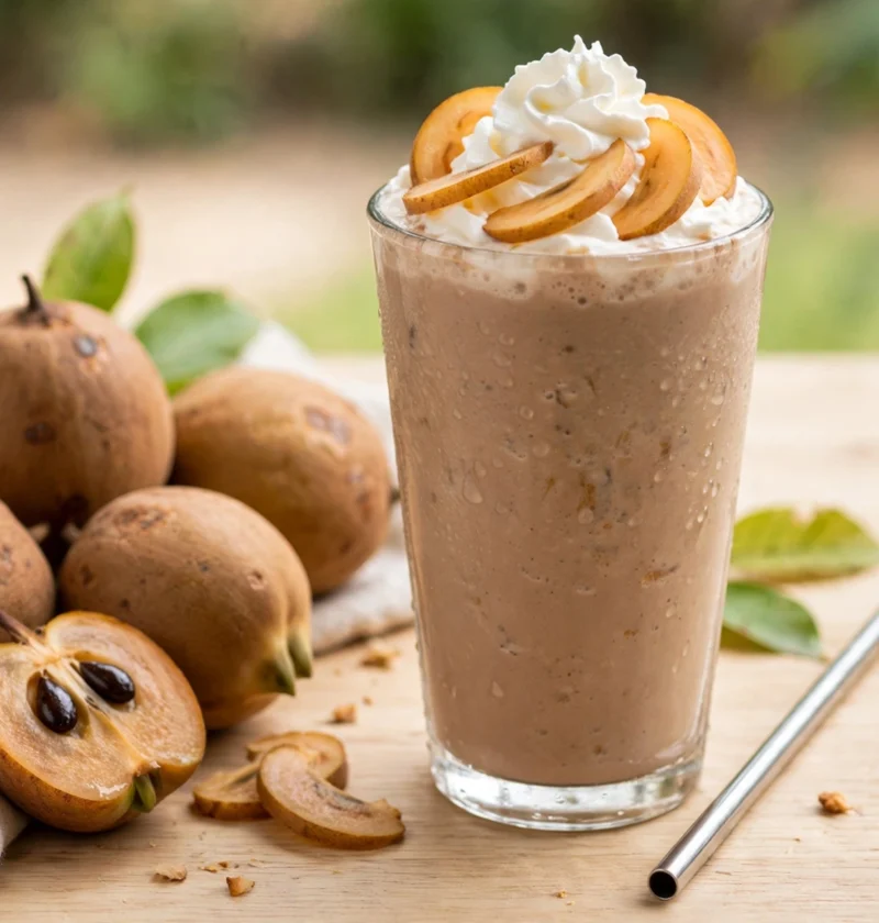 Chikoo shake recipe – creamy chikoo shake in a tall glass with chikoo slices