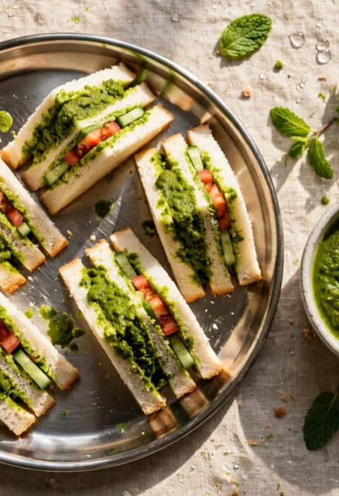 Chutney sandwich recipe – green chutney sandwiches cut into triangles with cucumber and tomato