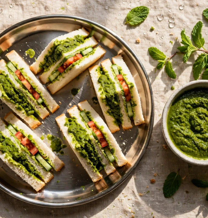 Chutney sandwich recipe – green chutney sandwiches cut into triangles with cucumber and tomato