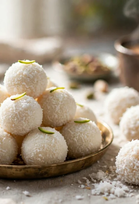 Coconut Ladoo – snowy white coconut balls with pistachio