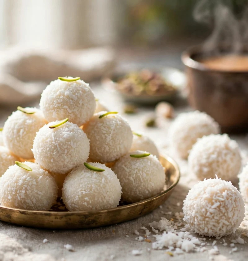 Coconut Ladoo – snowy white coconut balls with pistachio