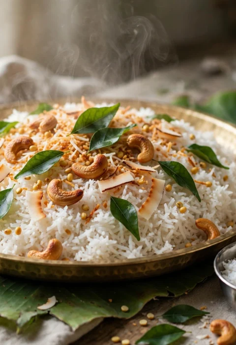 Coconut rice recipe – fluffy coconut rice with toasted coconut, cashews, dals and curry leaves on a brass platter