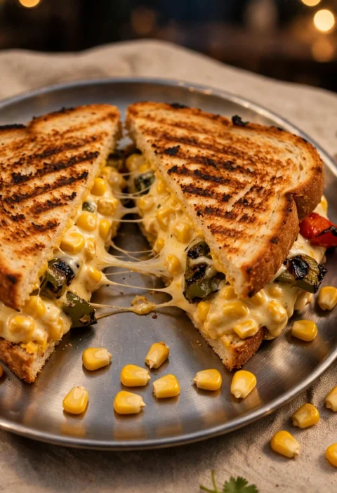 Corn sandwich recipe – grilled corn sandwich cut diagonally with creamy sweet corn filling, peppers and melted cheese