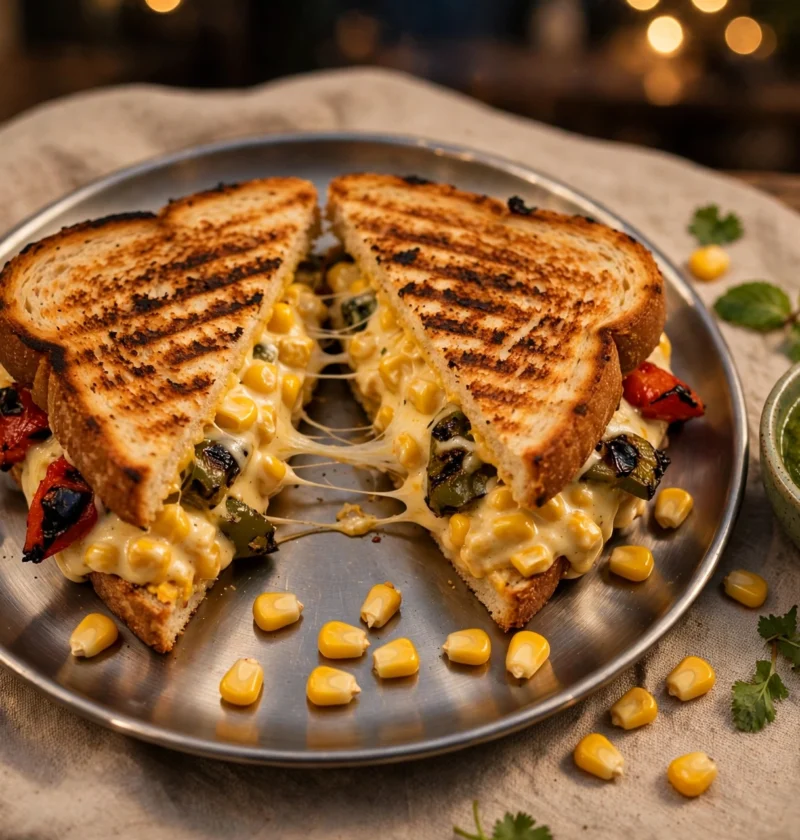 Corn sandwich recipe – grilled corn sandwich cut diagonally with creamy sweet corn filling, peppers and melted cheese