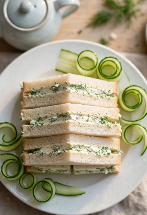 Cucumber sandwich recipe – neat cucumber sandwich triangles on a white plate with cream cheese and dill
