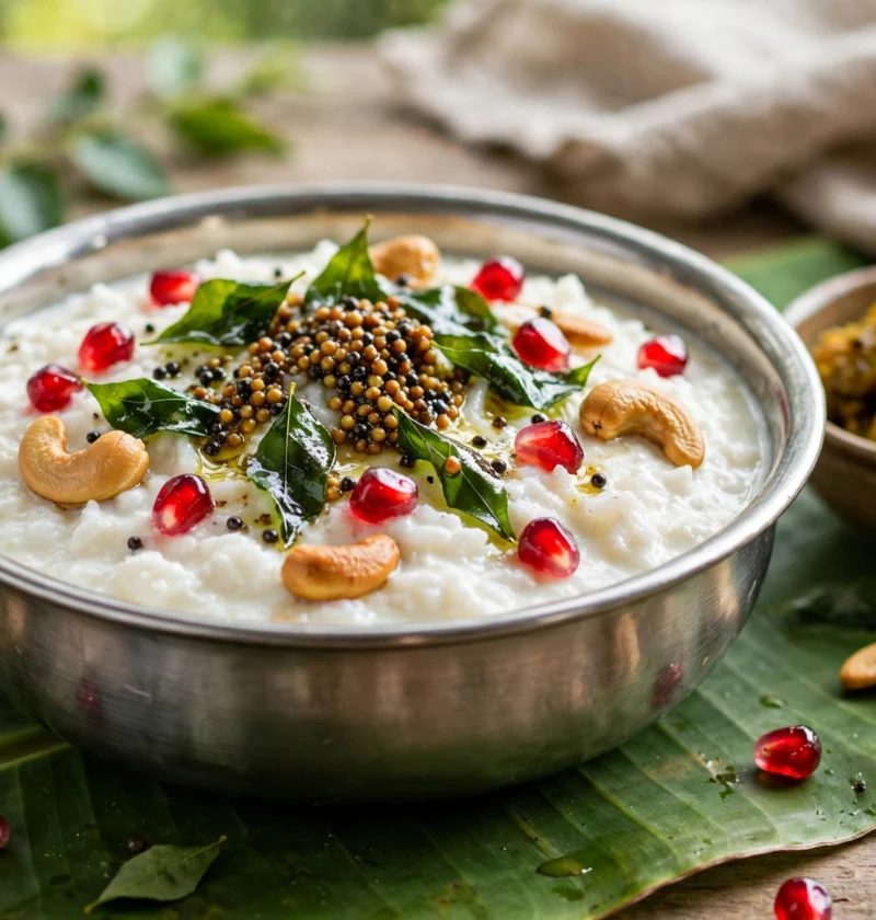 Curd rice recipe – creamy yogurt rice with a mustard seed tempering, pomegranate arils and cashews in a steel bowl