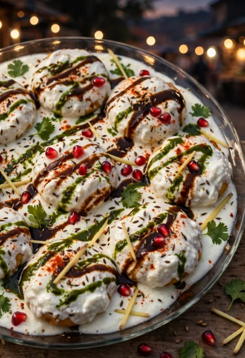 Dahi Vada – yogurt-blanketed lentil fritters with chutneys.