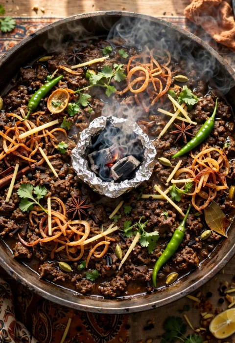Dum Ka Qeema – slow-steamed beef mince with fried onions and whole spices