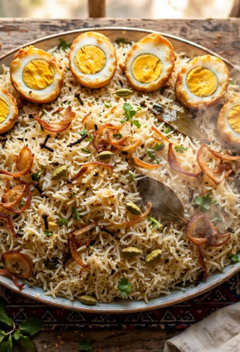 Egg Pulao – yakhni rice with golden fried eggs and crispy onions