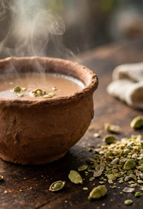 Elaichi chai recipe – steaming cardamom chai in a clay kulhad with cardamom pods