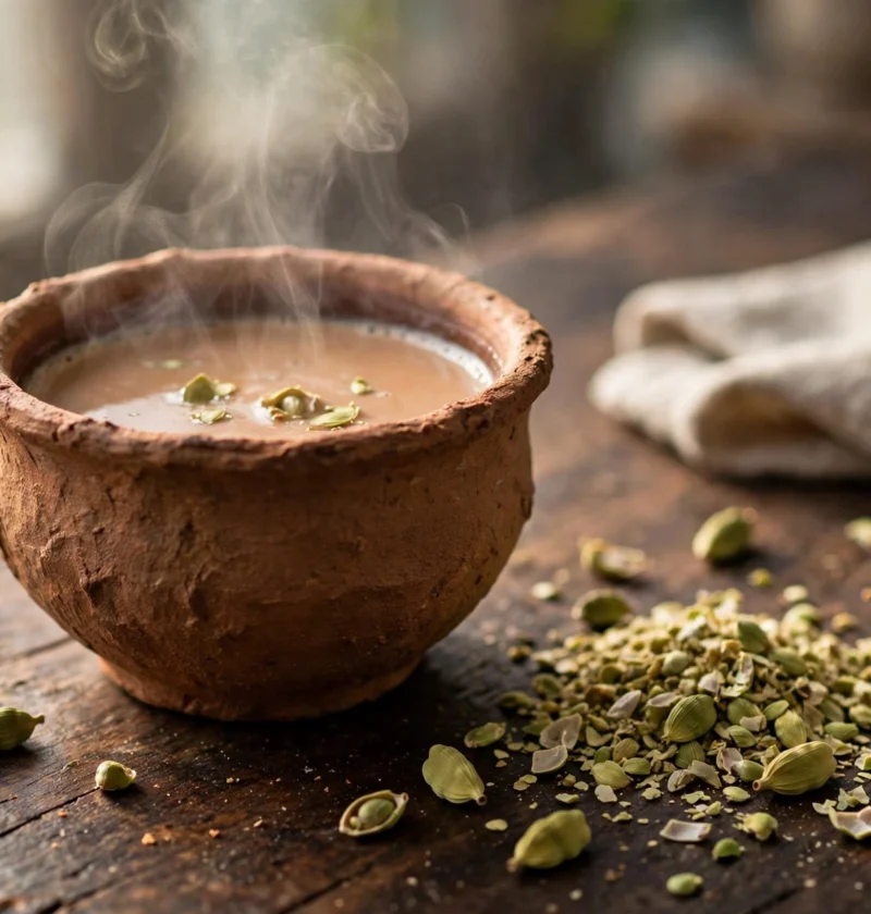 Elaichi chai recipe – steaming cardamom chai in a clay kulhad with cardamom pods