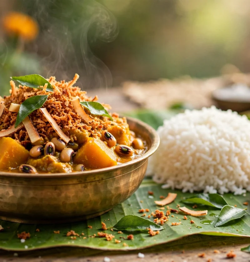 Erissery – golden pumpkin curry with fried coconut crown