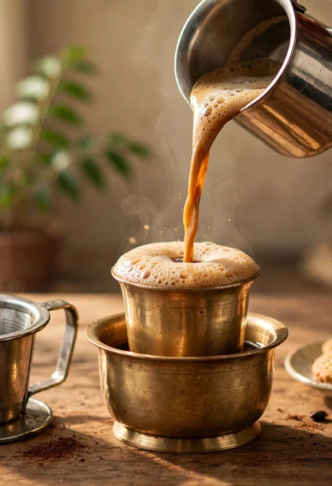 Filter coffee recipe – South Indian filter coffee in brass dabara and tumbler with froth