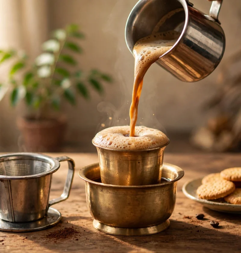 Filter coffee recipe – South Indian filter coffee in brass dabara and tumbler with froth