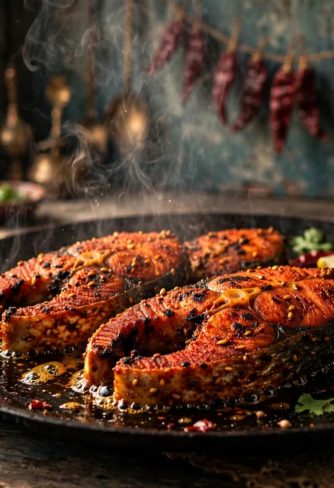 Fish fry recipe – spice-crusted fish steaks on a black iron tawa with lemon wedges and onion rings
