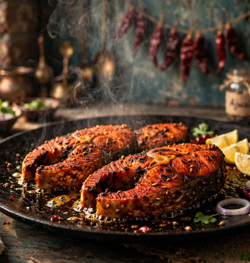 Fish fry recipe – spice-crusted fish steaks on a black iron tawa with lemon wedges and onion rings