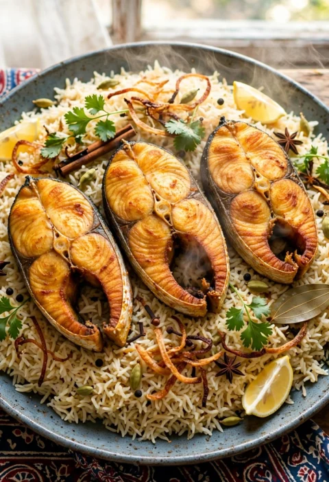 Fish Pulao – steamed fish steaks over fragrant yakhni rice.