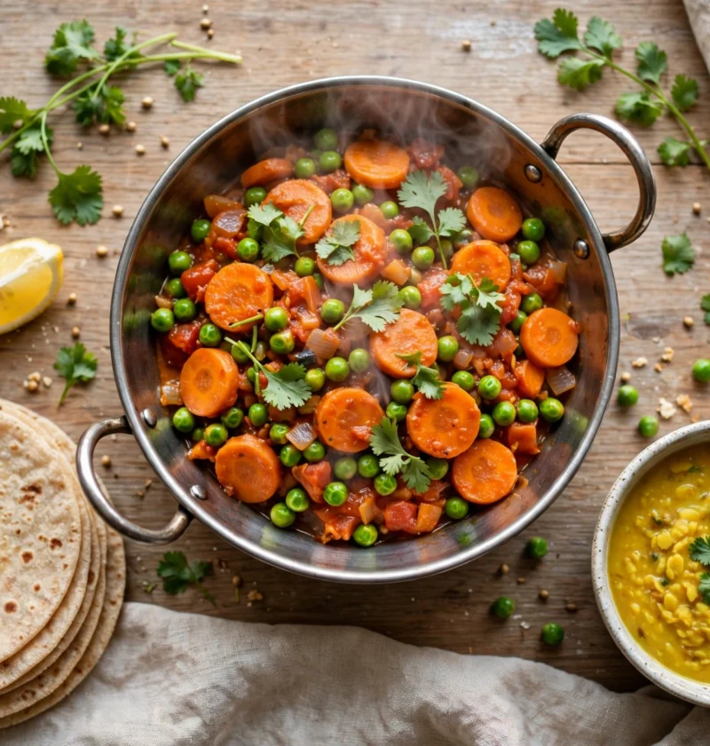 Gajar Matar – carrots and peas in a light tomato masala