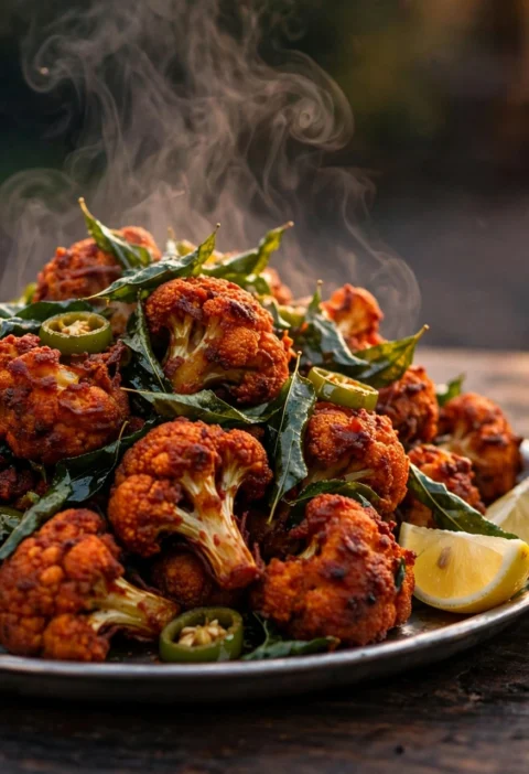 Gobi 65 recipe – fiery red crispy cauliflower florets with curry leaves and lemon on a steel plate