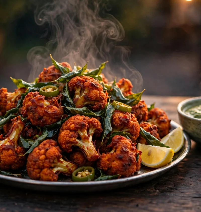 Gobi 65 recipe – fiery red crispy cauliflower florets with curry leaves and lemon on a steel plate