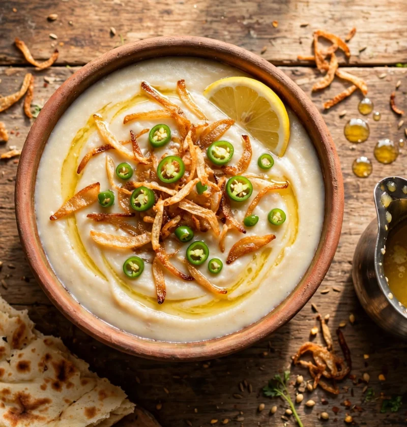 Hareesa – silky beef and wheat porridge with ghee tarka and fried onions.