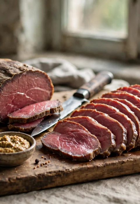 Hunter beef recipe – rosy slices of cured hunter beef fanned on a wooden board with black pepper and mustard