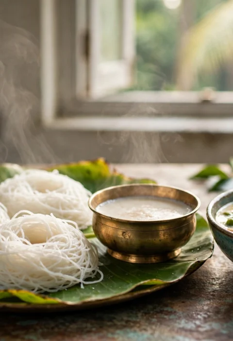 Idiyappam – steamed rice noodle nests with coconut milk