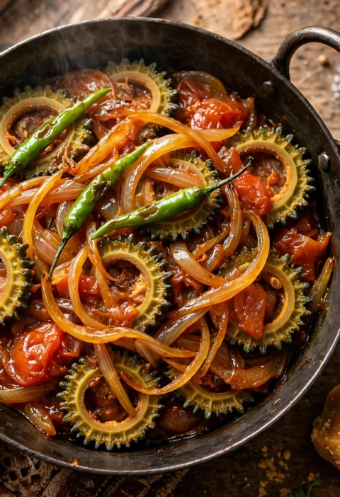 Karela Masala – fried bitter gourd in a sweet-sour onion tomato masala.