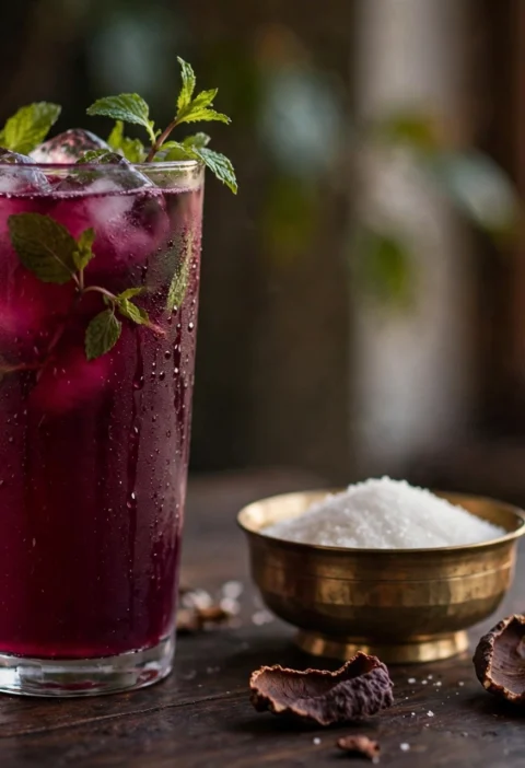Kokum sharbat recipe – deep magenta kokum sharbat in a tall glass with ice and mint