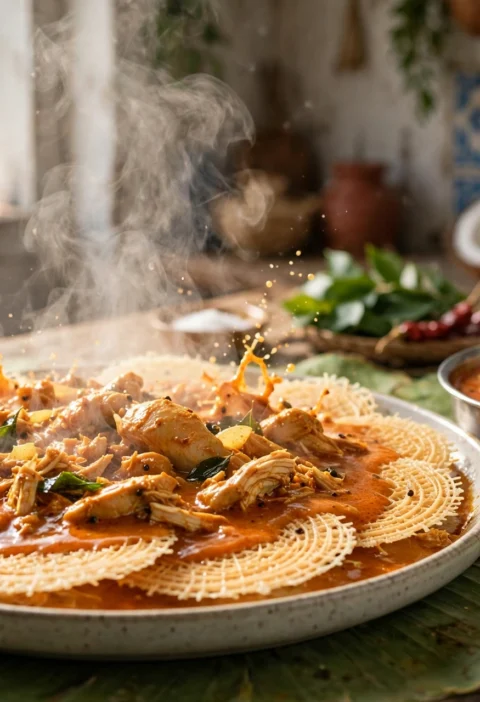 Kori Rotti – Mangalorean chicken curry over crisp rice wafers