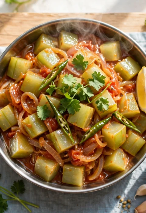 Lauki Ki Sabzi – bottle gourd in a light tomato-onion masala.