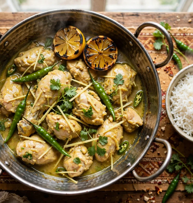 Lemon Chicken – tangy chicken curry with lemon, ginger and green chilies.