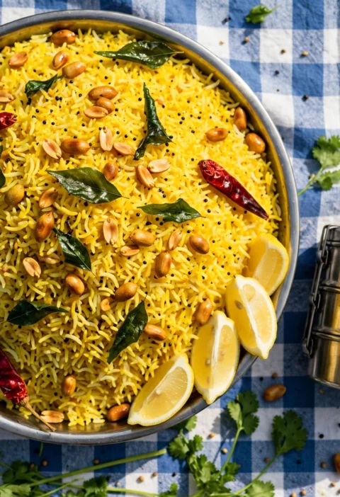 Lemon Rice – golden rice with peanuts and curry leaves