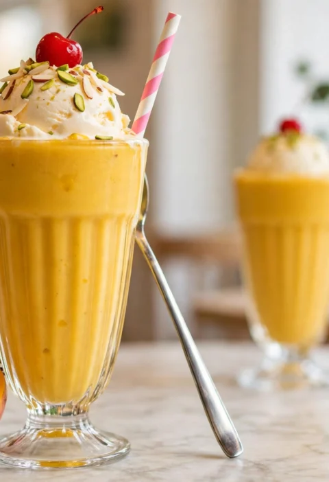 Mango mastani recipe – tall glass of thick mango mastani crowned with vanilla ice cream, pistachios and a cherry