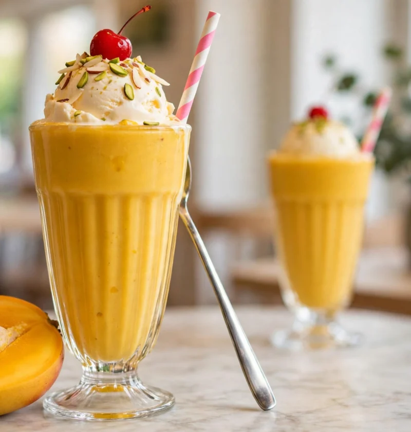 Mango mastani recipe – tall glass of thick mango mastani crowned with vanilla ice cream, pistachios and a cherry