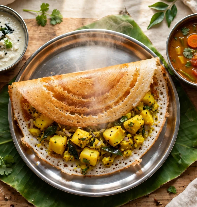 Masala Dosa – crisp golden dosa with spiced potato filling.