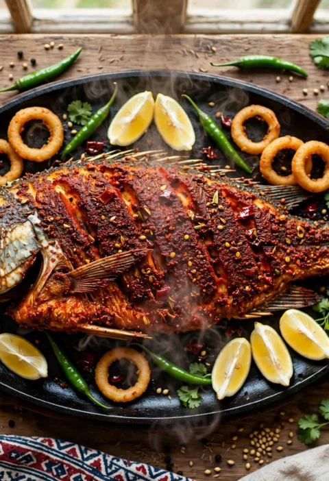 Masala Fish – crispy fried fish with red ajwain masala and lemon