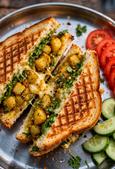 Masala sandwich recipe – grilled masala sandwich cut diagonally with spiced potato filling, green chutney and melted cheese