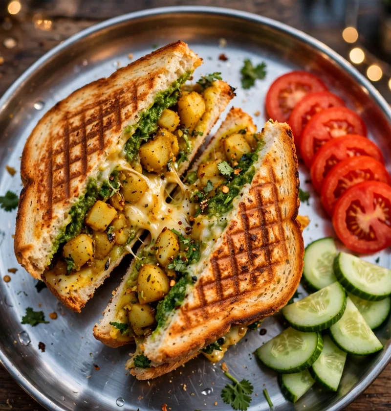 Masala sandwich recipe – grilled masala sandwich cut diagonally with spiced potato filling, green chutney and melted cheese