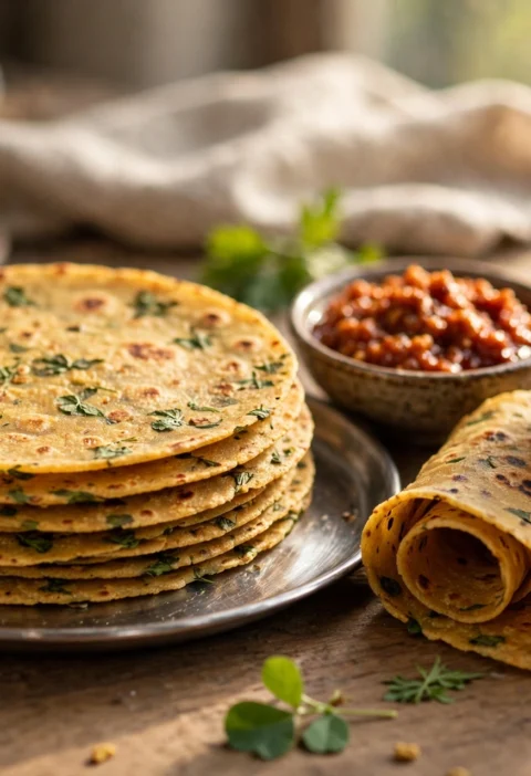 Methi Thepla – thin fenugreek flatbreads with garlic chutney