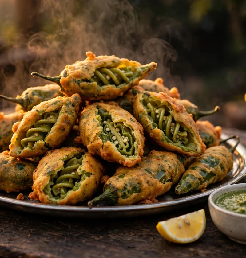 Mirchi bajji recipe – golden battered green chillies with mint chutney and lemon