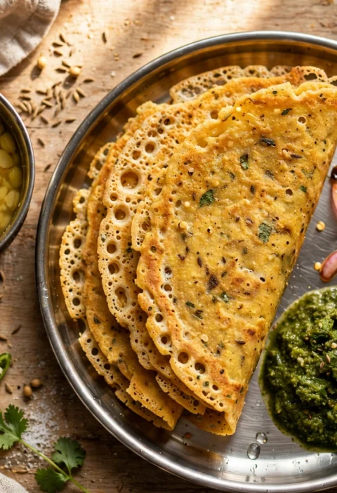 Moong dal chilla recipe – golden moong dal chillas folded on a steel plate with green chutney and pickled onions