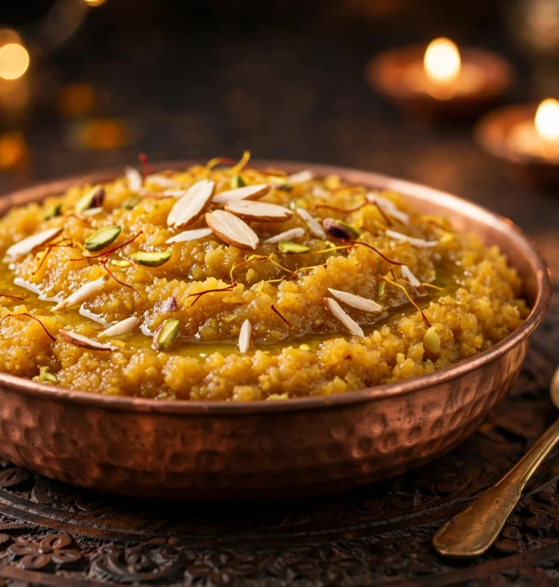 Moong dal halwa recipe – deep golden moong dal halwa with almonds, pistachios and saffron in a copper bowl