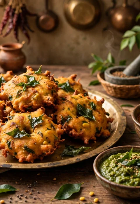 Moong dal vada recipe – golden crispy moong dal vada fritters on a brass plate with curry leaves, green chutney and sambar