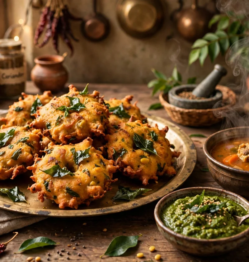 Moong dal vada recipe – golden crispy moong dal vada fritters on a brass plate with curry leaves, green chutney and sambar