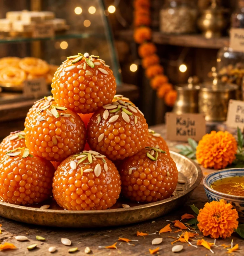 Motichoor Ladoo – glossy orange fine boondi ladoos