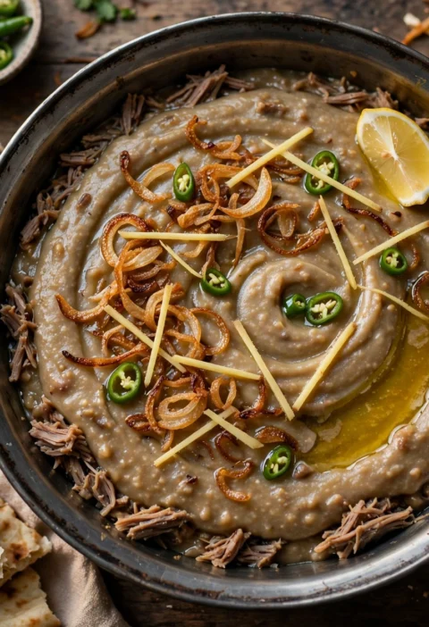 Mutton Haleem – silky haleem topped with fried onions, ginger and lemon.