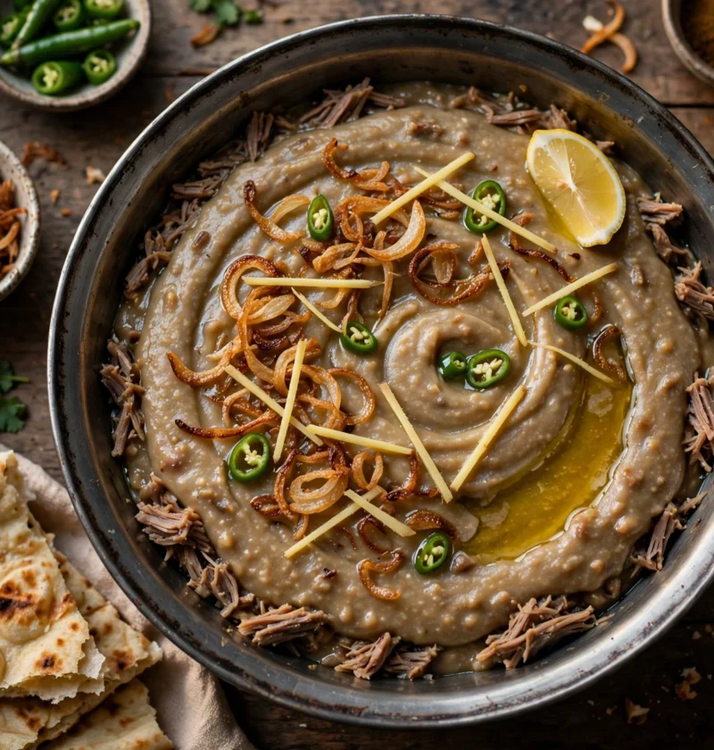 Mutton Haleem – silky haleem topped with fried onions, ginger and lemon.