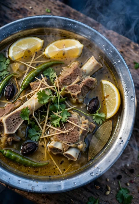 Mutton Stew – bone-in mutton in a thin peppery broth with whole spices.