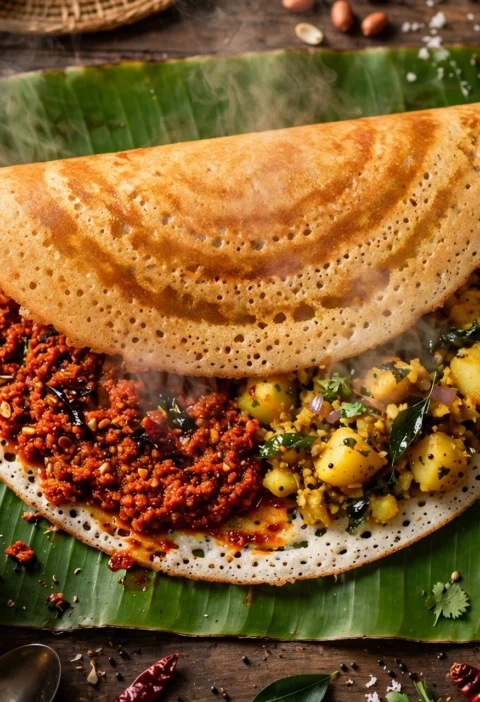 Mysore dosa recipe – golden crispy mysore dosa folded over red garlic chutney and potato masala on a banana leaf with coconut chutney and sambar